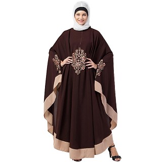 Embroidery Irani Kaftan with contrast border- Brown-Skin